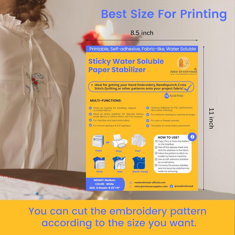 New brothread 6PCS 8.5"x11" Sticky Water Soluble Embroidery Stabilizer Printable Paper Stabilizer - Medium Weight - Allowed for Print or Draw Patterns Best for Hand & Machine Embroidery - Image 2